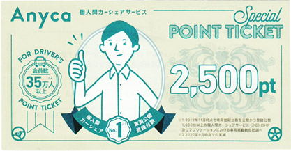 Anyca　個人間カーシェアサービス Special POINT TICKET 2,500pt FOR DRIVERS 会員数35万人以上 個人間カーシェア 車両公開 登録台数No.1