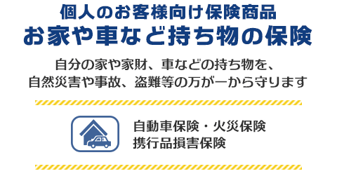 個人のお客様向け保険商品 お家や車など持ち物の保険　自分の家や家財、車などの持ち物を、自然災害や事故、盗難等の万が一から守ります。自動車保険・火災保険・携行品損害保険