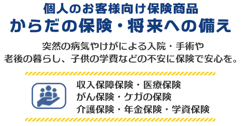 個人のお客様向け保険商品 からだの保険・将来への備え　突然の病気やけがによる入院・手術や老後の暮らし、子供の学費などの不安に保険で安心を。収入保障保険・医療保険・がん保険・ケガの保険・介護保険・年金保険・学資保険