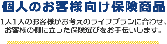 個人のお客様向け保険商品 1人1人のお客様がお考えのライフプランに合わせ、お客様の側に立った保険選びをお手伝いします。